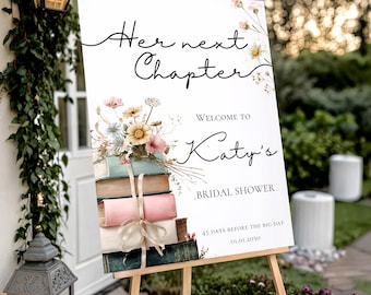 Her Next Chapter Bridal Shower Welcome Sign, A New Chapter Begins, Book Theme Bridal Shower Sign, Editable Canva Template