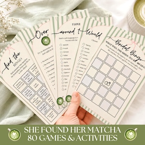 May include: A collection of bridal shower games, including bingo and matching games, with a green and white striped design. The games feature text like "Find the Bingo" and "Bridal Bingo". A cup of matcha latte is in the background.