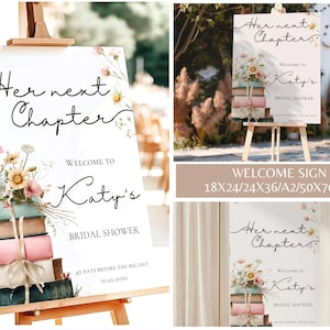 May include: A white rectangular welcome sign featuring the text "Her next Chapter", "WELCOME TO Katy's BRIDAL SHOWER", "45 DAYS BEFORE THE BIG DAY", and "01.01.2030". The design includes a stack of books tied with a ribbon and floral illustrations.