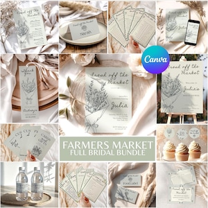A collage showing various templates from a bridal shower stationery bundle with a Fresh Off the Market theme.