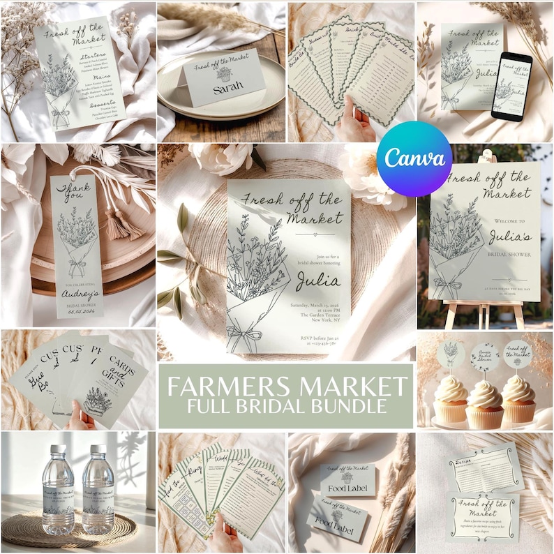 A collage showing various templates from a bridal shower stationery bundle with a Fresh Off the Market theme.
