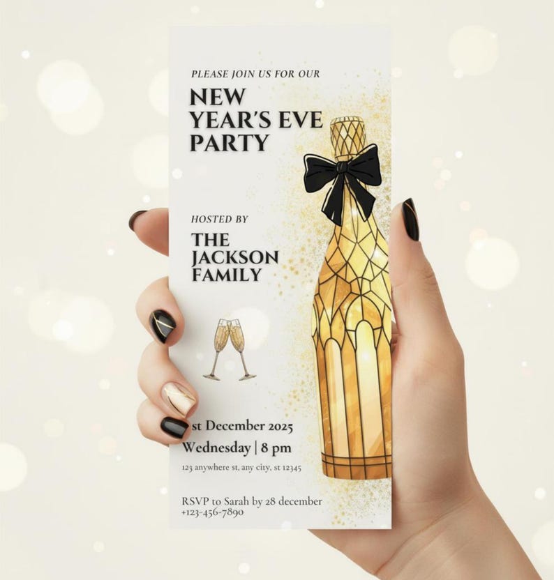 May include: A New Year's Eve party invitation held by a hand. The invitation features a champagne bottle illustration with a black bow, two champagne glasses, and event details. The text reads "New Year's Eve Party" hosted by "The Jackson Family."