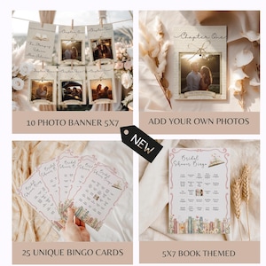 May include: A collection of 5x7 inch photo banner cards featuring custom photos and chapter titles, alongside 25 bridal shower bingo cards with book-themed illustrations, including a bingo card with a bookshelf graphic and the text Bridal Shower Bingo.