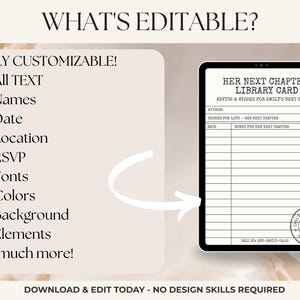 An instructional graphic lists editable elements alongside a single library card template image.