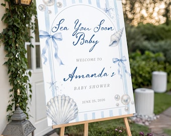Sea You Soon – Baby Shower Welcome Sign, Blue Coastal Seashell Poster (Digital Download)