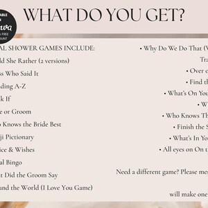 List of twenty bridal shower games included in the bundle, such as Would She Rather and Wedding A-Z.