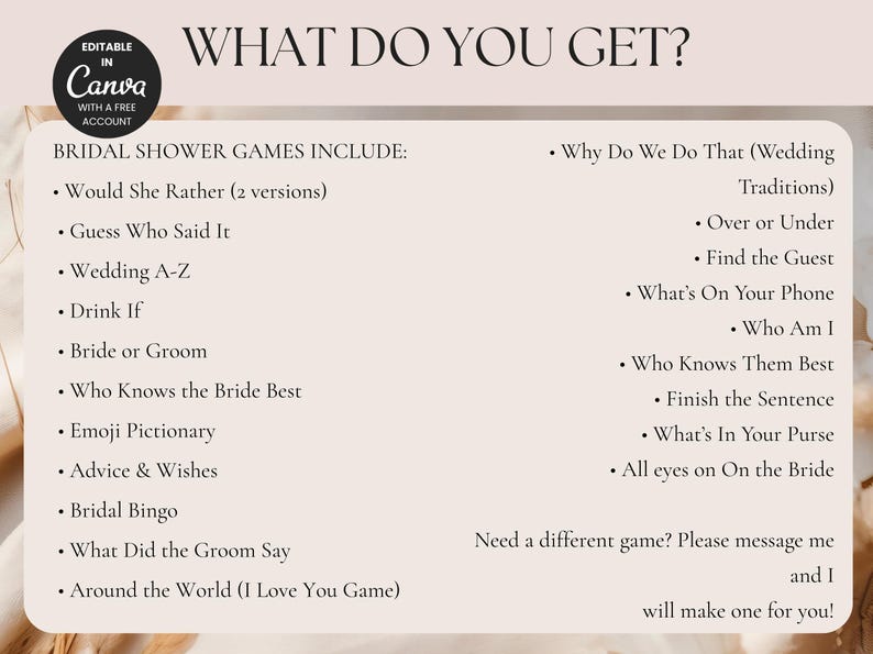 List of twenty bridal shower games included in the bundle, such as Would She Rather and Wedding A-Z.