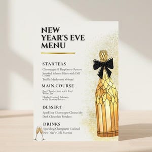 May include: A New Year's Eve menu card with a champagne bottle illustration. The menu lists starters, main courses, desserts, and drinks. The menu includes items like champagne, oysters, and chocolate fondant.