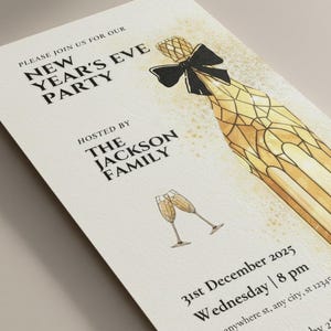 May include: New Year's Eve party invitation with a champagne bottle illustration. The invitation includes the text "Please join us for our New Year's Eve Party Hosted by The Jackson Family" and event details for December 31st, 2025.