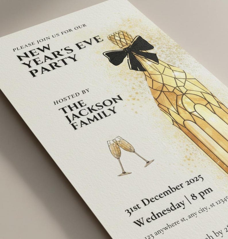 May include: New Year's Eve party invitation with a champagne bottle illustration. The invitation includes the text "Please join us for our New Year's Eve Party Hosted by The Jackson Family" and event details for December 31st, 2025.