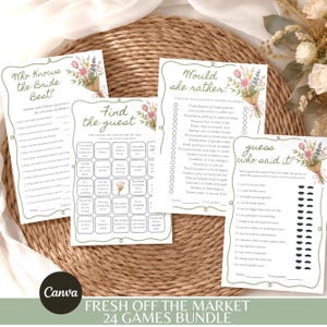 Bundel met spelletjes voor een vrijgezellenfeest met een 'Fresh Off The Market'-thema, spelletjes voor een vrijgezellenfeest met een boerenmarktthema, Canva-spelpakket met de tekst "She's Off The Market"