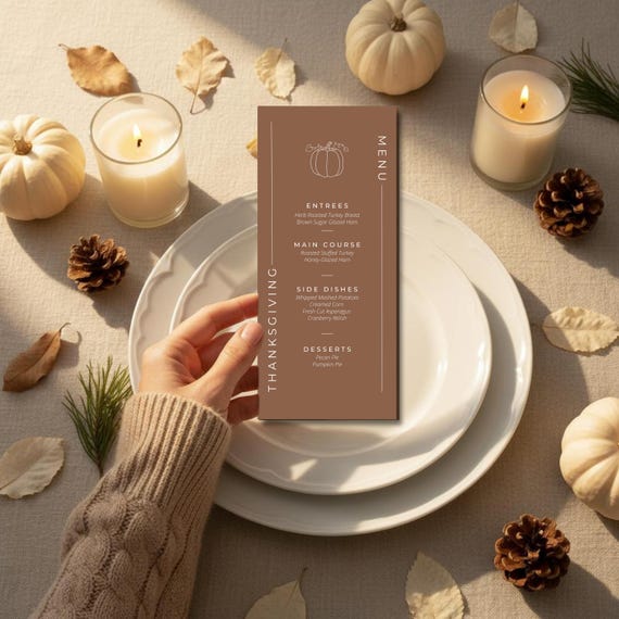 Minimalistic Brown Thanksgiving Menu Template 4x9 Inch - Printable Thanksgiving Dinner Menu - Fall Event Menu - Instant Digital Download