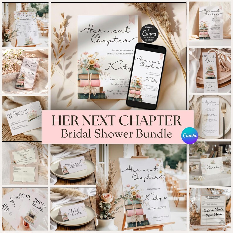 May include: A bridal shower bundle with a soft, neutral color palette. The collection includes invitations, place cards, a welcome sign, and other stationery items. The text "Her Next Chapter" is featured prominently, along with floral and book illustrations.