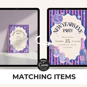 May include: Digital New Year's Eve party invitation and menu displayed on a tablet. The invitation features a disco ball, champagne bottle, and glasses. The menu card has a scalloped edge and includes a list of dishes. Both designs have a pink and blue color scheme.