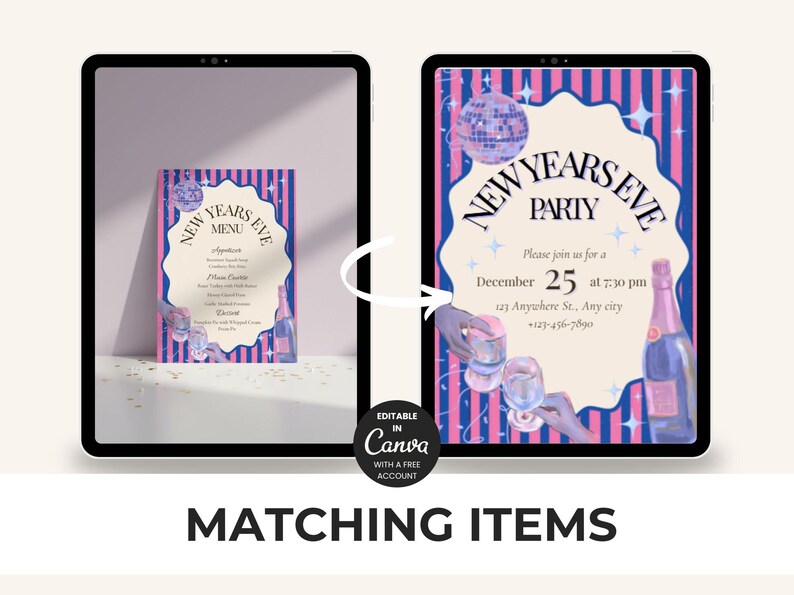 May include: Digital New Year's Eve party invitation and menu displayed on a tablet. The invitation features a disco ball, champagne bottle, and glasses. The menu card has a scalloped edge and includes a list of dishes. Both designs have a pink and blue color scheme.