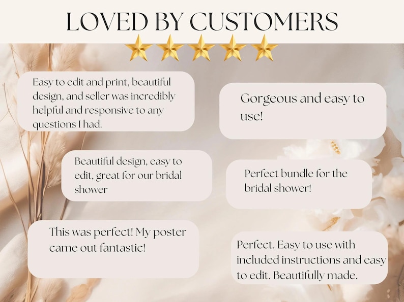 May include: A customer review graphic featuring the text LOVED BY CUSTOMERS with five gold stars. It contains six text boxes with feedback about an editable design, including phrases like Easy to edit and print and Gorgeous and easy to use.
