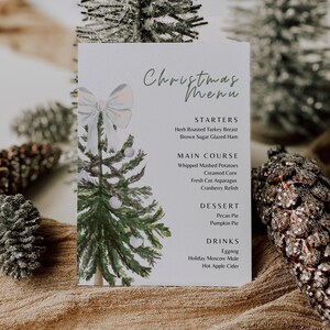 Elegant Watercolor Christmas Tree Menu Card Template (Digital Download)