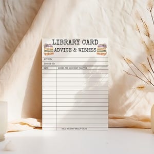 May include: A cream-colored library card with the text "LIBRARY CARD ADVICE & WISHES" and lines for writing. The card features illustrations of stacked books and prompts for author, date, and notes. The bottom of the card reads "CALL NO. NO-EMILY-06.25".