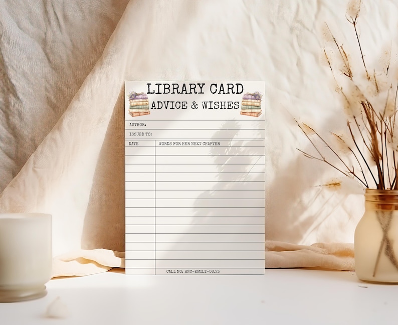 May include: A cream-colored library card with the text "LIBRARY CARD ADVICE & WISHES" and lines for writing. The card features illustrations of stacked books and prompts for author, date, and notes. The bottom of the card reads "CALL NO. NO-EMILY-06.25".