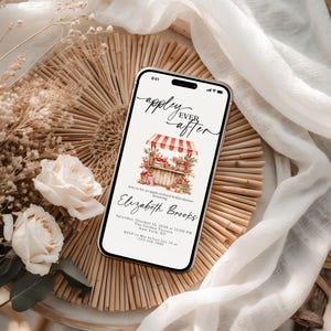 Puede incluir: Un tel&eacute;fono inteligente que muestra una invitaci&oacute;n digital para una despedida de soltera con el texto "appley ever after" y una ilustraci&oacute;n de un puesto de manzanas. La invitaci&oacute;n incluye detalles para Elizabeth Brooks el s&aacute;bado 15 de octubre de 2026.