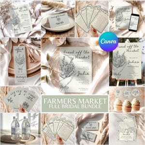 May include: A collection of Farmers Market themed bridal shower stationery. The designs feature a floral bouquet illustration and the text "Fresh off the Market". Items include invitations, place cards, and signage.