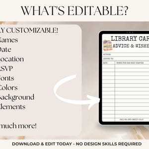May include: A digital library card template on a tablet, with the text "Library Card Advice & Wishes." The card includes fields for author, date, and wishes. The image also lists customizable elements like names, date, and colors.
