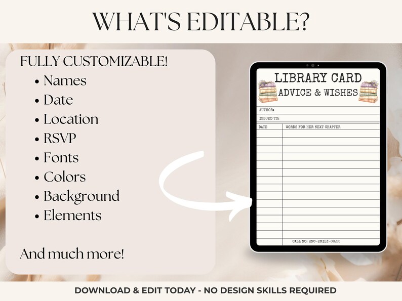 May include: A digital library card template on a tablet, with the text "Library Card Advice & Wishes." The card includes fields for author, date, and wishes. The image also lists customizable elements like names, date, and colors.