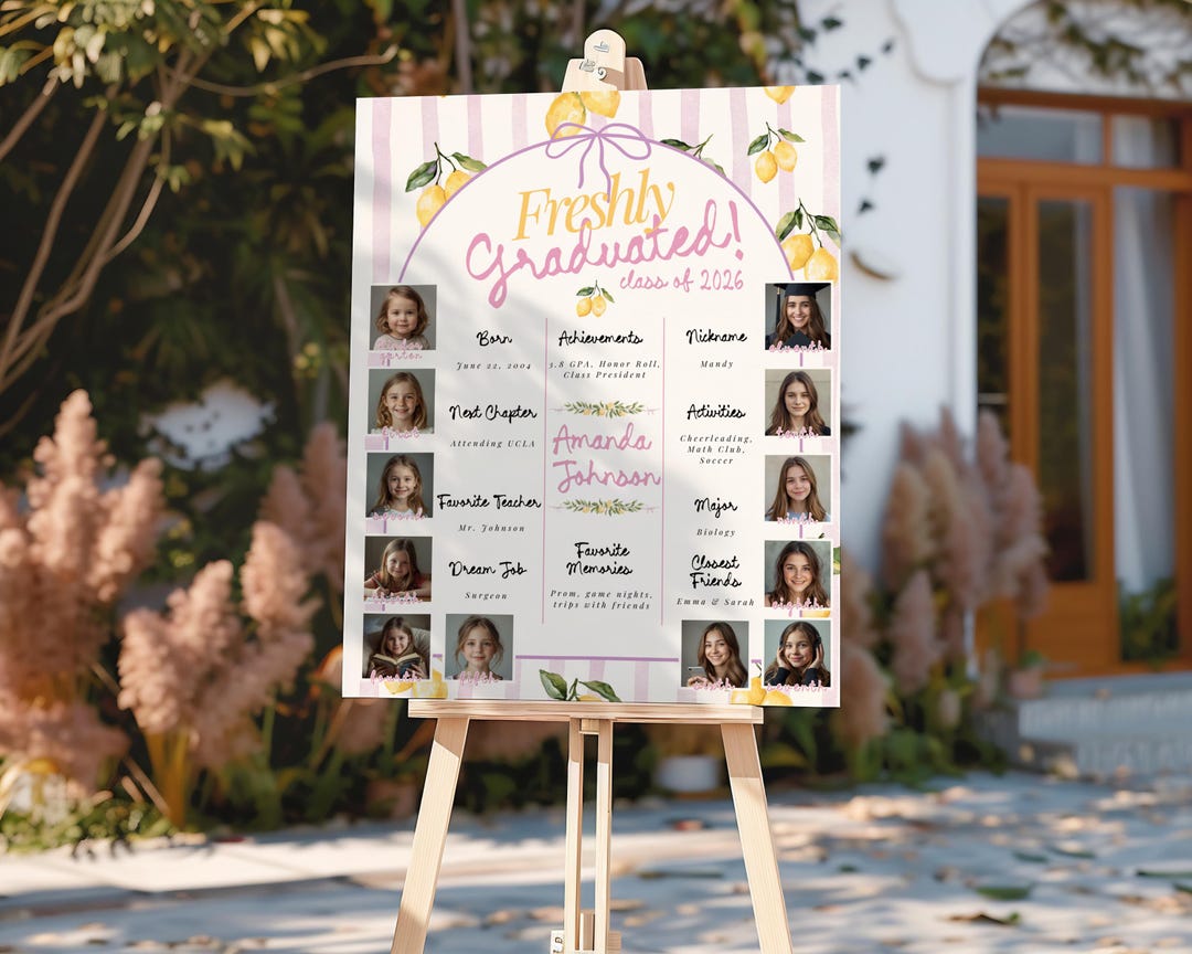 Graduated Milestone Pink Lemon Graduation Milestone Board, Class of 2026 Senior Stats Sign ...