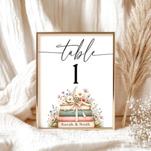Literary Wedding Table Number Sign, Floral Book Stack Reception Decor (Canva Template)