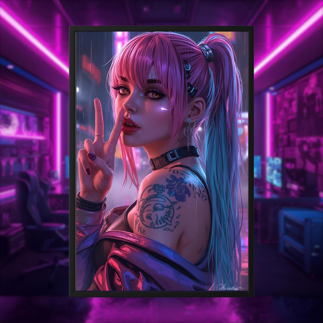 Cyberpunk Girl Poster – Neon Peace Sign – Futuristic Wall Decor – Sci ...