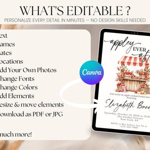 Puede incluir: Una plantilla de invitaci&oacute;n digital en una pantalla de tableta con el texto 'appley EVER after' y una ilustraci&oacute;n de un puesto de manzanas. La lista incluye funciones editables como texto, nombres, fechas, ubicaciones, fotos, fuentes y colores.