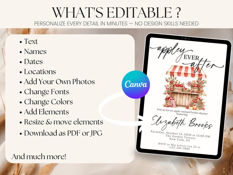 Puede incluir: Una plantilla de invitaci&oacute;n digital en una pantalla de tableta con el texto 'appley EVER after' y una ilustraci&oacute;n de un puesto de manzanas. La lista incluye funciones editables como texto, nombres, fechas, ubicaciones, fotos, fuentes y colores.