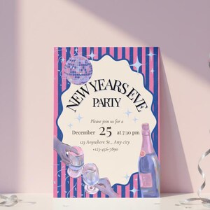 New Years Invitation Template 2026, NYE party invite, Striped Disco Ball Invite, Canva Editable Printable 5x7 A5 Mobile image 1