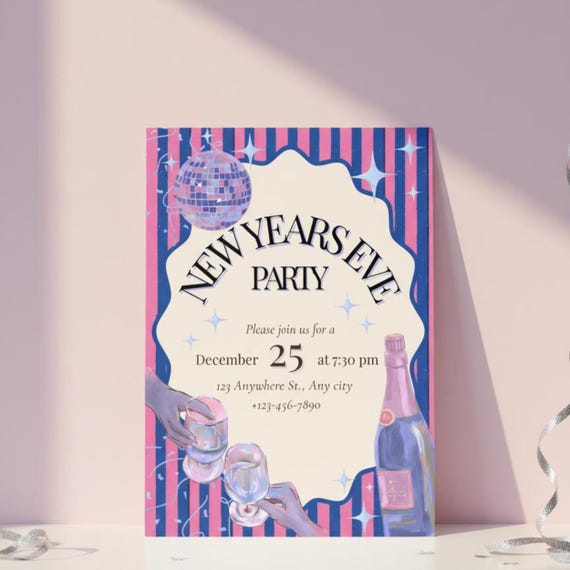New Years Invitation Template 2026, NYE party invite, Striped Disco Ball Invite, Canva Editable Printable 5x7 A5 Mobile