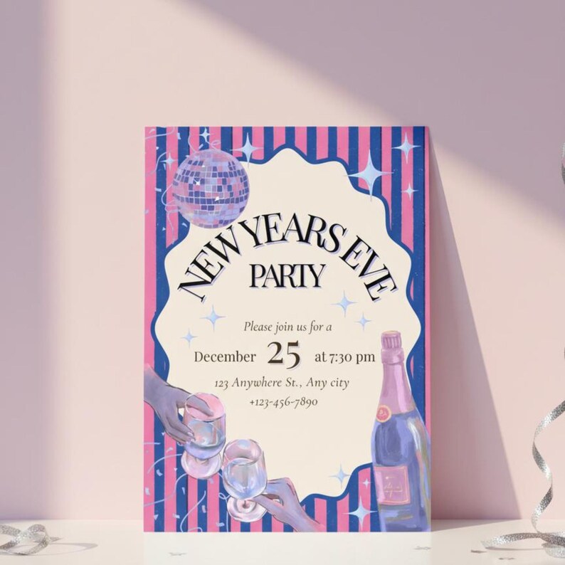 New Years Invitation Template 2026, NYE party invite, Striped Disco Ball Invite, Canva Editable Printable 5x7 A5 Mobile image 1