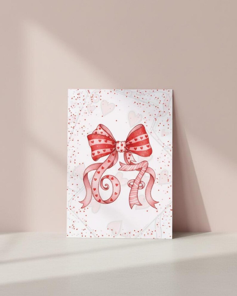 May include: A watercolor illustration of a red bow with heart patterns and ribbons. The number "67" is stylized with the ribbons. The background is white with scattered hearts and red dots, creating a romantic theme.