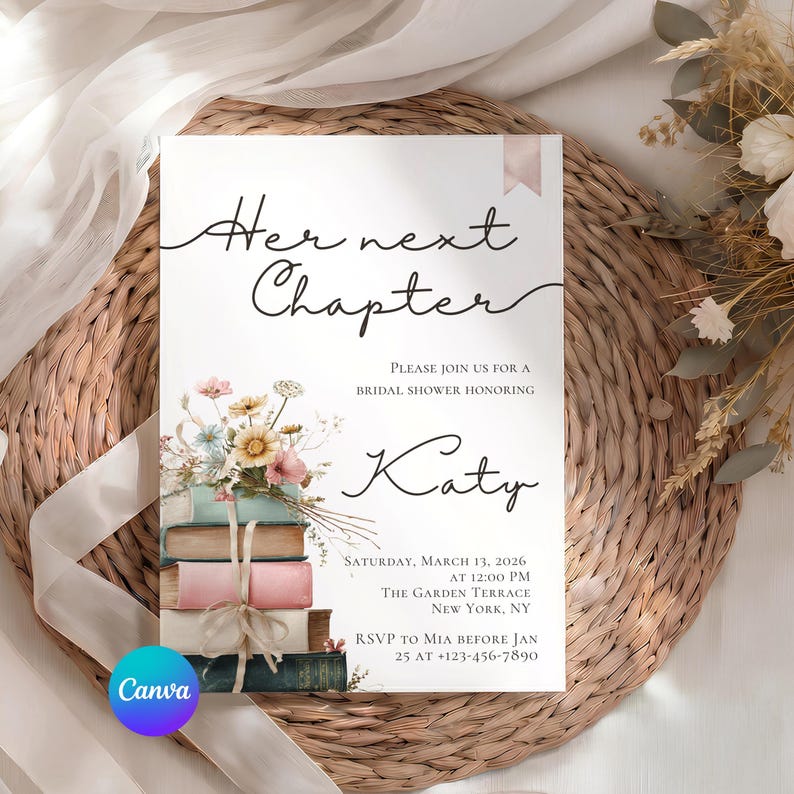 May include: A white rectangular bridal shower invitation card featuring the text Her next Chapter and Katy. The design includes a stack of four books in teal, brown, pink, and dark green, topped with a watercolor floral arrangement and tied with a ribbon.