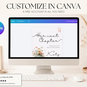 May include: A computer monitor displaying a customizable digital bridal shower invitation template in Canva. The invitation features the text 'Her next Chapter', 'PLEASE JOIN US FOR A BRIDAL SHOWER HONORING', and 'Katy', accompanied by a floral illustration.