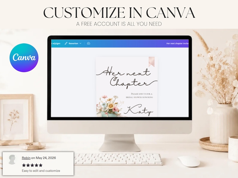May include: A computer monitor displaying a customizable digital bridal shower invitation template in Canva. The invitation features the text 'Her next Chapter', 'PLEASE JOIN US FOR A BRIDAL SHOWER HONORING', and 'Katy', accompanied by a floral illustration.