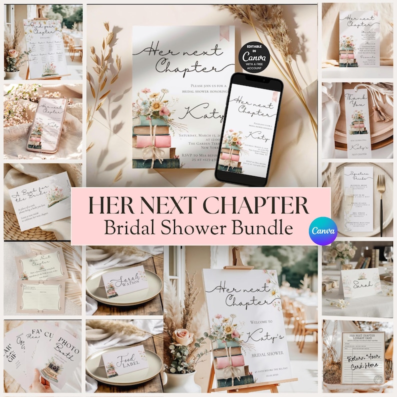 Puede incluir: Un conjunto para despedida de soltera con una paleta de colores suave y neutra. La colecci&oacute;n incluye invitaciones, tarjetas de mesa, un letrero de bienvenida y otros art&iacute;culos de papeler&iacute;a. El texto "Her Next Chapter" se muestra de forma destacada, junto con ilustraciones florales y de libros.