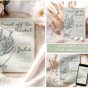 A bridal shower invitation featuring a botanical bouquet illustration and the text Fresh off the Market, shown in print and digital formats.