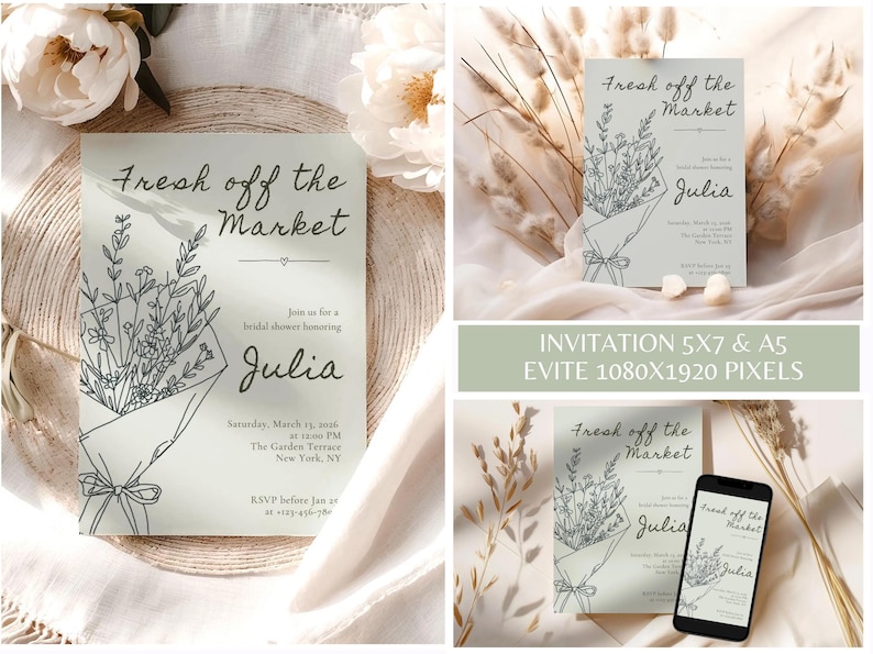 A bridal shower invitation featuring a botanical bouquet illustration and the text Fresh off the Market, shown in print and digital formats.