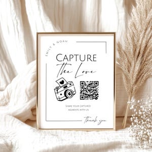 Letrero para compartir fotos de boda, código QR para que los invitados suban sus fotos, captura el amor, plantilla imprimible editable de Canva