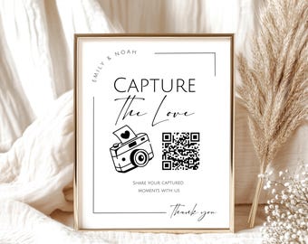 Bord voor delen trouwfoto, QR-code uploaden door gast, Capture the Love, bewerkbare afdrukbare canvassjabloon