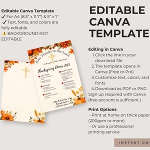 Pu&ograve; includere: Modello di menu per la cena del Ringraziamento con decorazioni floreali e zucche a tema autunnale. Il modello &egrave; modificabile in Canva e disponibile per il download immediato. Testo: "Give Thanks to the Lord" e "Thanksgiving Dinner 2025".