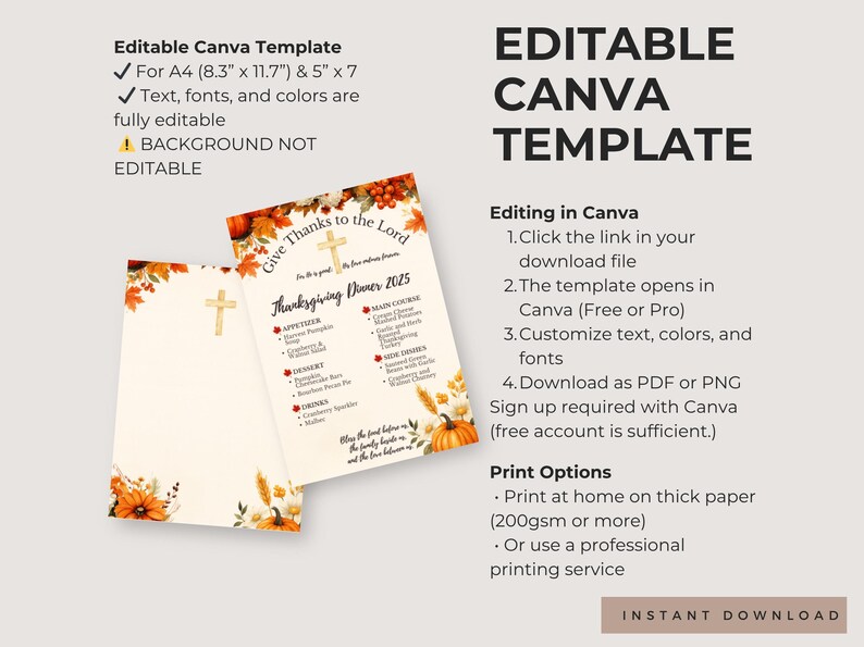 Pu&ograve; includere: Modello di menu per la cena del Ringraziamento con decorazioni floreali e zucche a tema autunnale. Il modello &egrave; modificabile in Canva e disponibile per il download immediato. Testo: "Give Thanks to the Lord" e "Thanksgiving Dinner 2025".