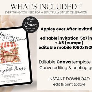 Puede incluir: Una plantilla de invitaci&oacute;n editable Appley ever After para una despedida de soltera. El dise&ntilde;o digital presenta un puesto de mercado a rayas rojas y blancas con manzanas, texto para detalles del evento e incluye formatos de 5x7 pulgadas, A5 y 1080x1920px.