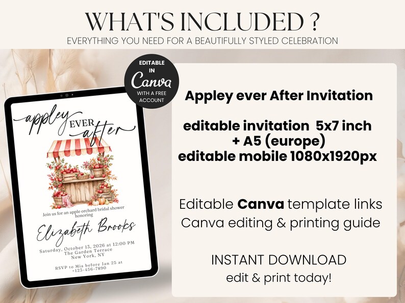 Puede incluir: Una plantilla de invitaci&oacute;n editable Appley ever After para una despedida de soltera. El dise&ntilde;o digital presenta un puesto de mercado a rayas rojas y blancas con manzanas, texto para detalles del evento e incluye formatos de 5x7 pulgadas, A5 y 1080x1920px.
