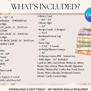 May include: A digital event stationery template set featuring a stack of illustrated books with flowers. The text WHAT'S INCLUDED? lists items like invitations, signs, seating charts, menus, and games with dimensions in inches. Includes a Canva logo.