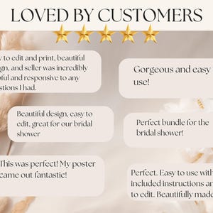 Customer review quotes are arranged in speech bubbles beneath five gold stars.